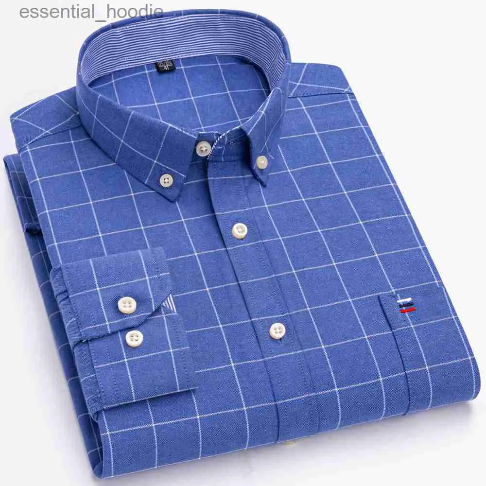 Chemises habillées pour hommes Chemise à carreaux boutonnée à manches longues 100 % coton pour hommes Poche poitrine unique Travail décontracté Chemises Oxford à rayures à carreaux de coupe standard L230921