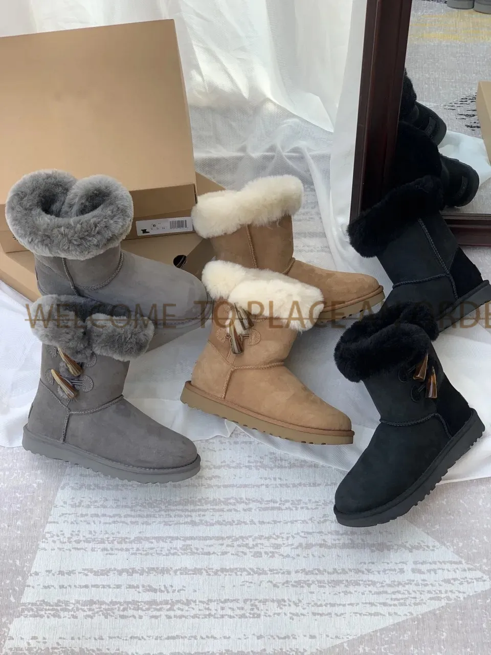 Designer-Stiefel, Wollstiefel, neue Hornschnalle, Schneestiefel, Winter, Schwarz, Markenmode, braun, grau, Baumwollstiefel, rutschfest, multifunktional, Fleece, flache Spitze, Box 35–40