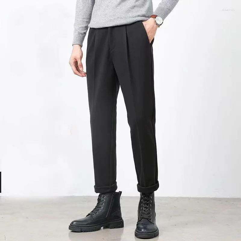 Erkekler Pantolon Sonbahar Kış Yünlü Erkekler Takım 2023 Düz Sıradan İnce Fit Erkek Pantolon Kalın Peluş Vintage Konik