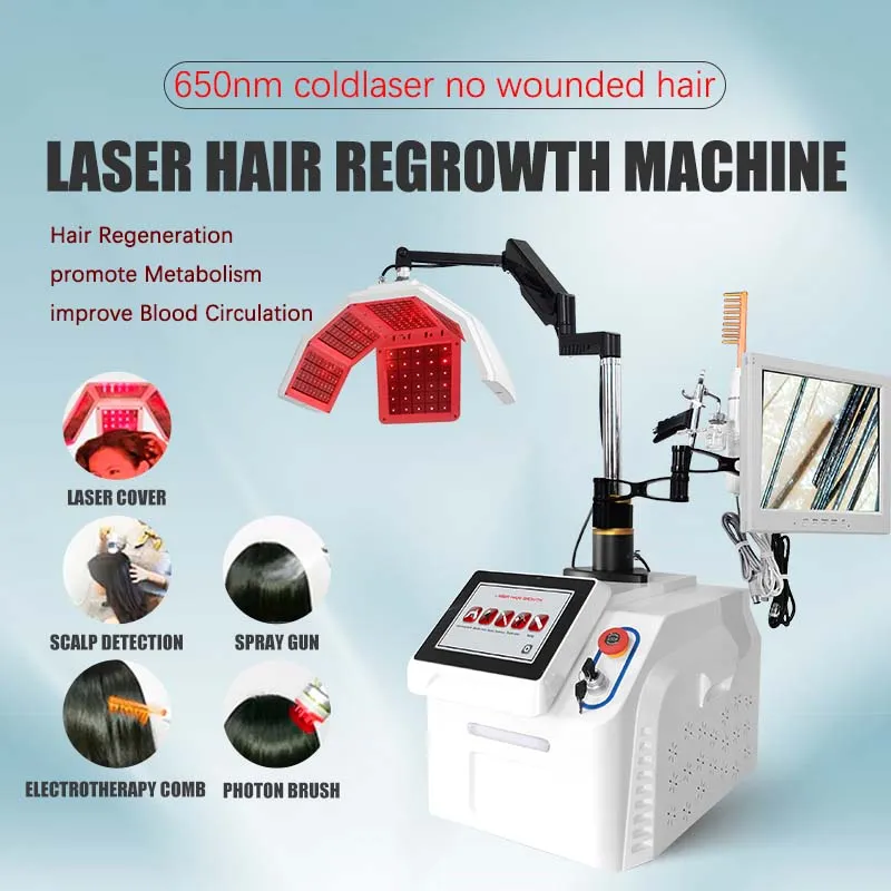 Attrezzatura per la crescita dei capelli con macchina anti-perdita di capelli professionale a LED verticale con rilevamento del trattamento del cuoio capelluto con laser ad alta frequenza da 650 nm per uso spa