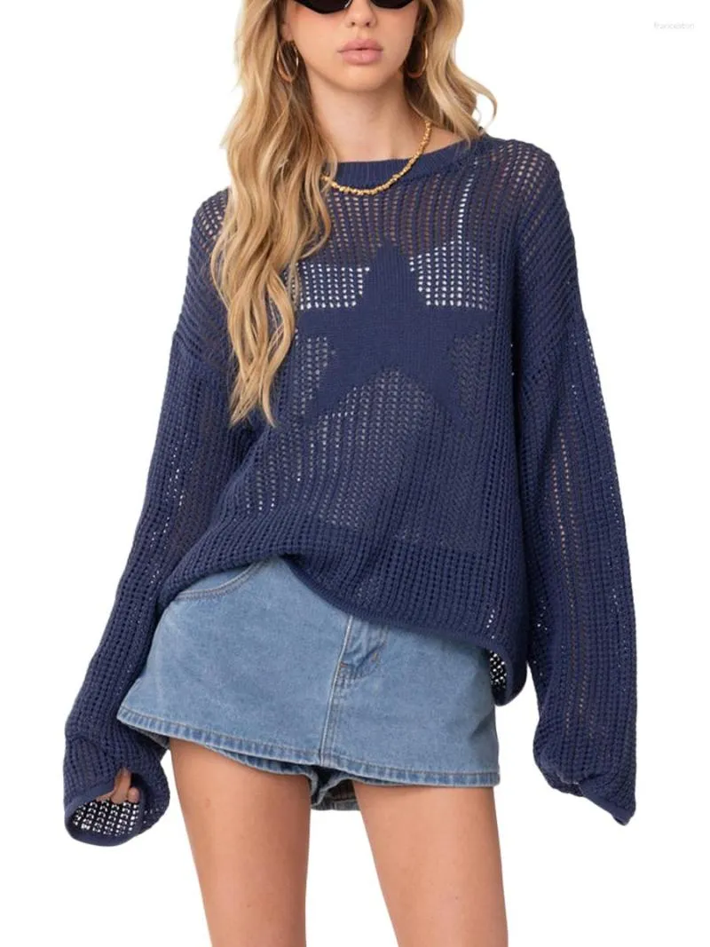 Women's Sweaters Women Acute S Spring Autumn Knit Tops Blue Long Sleeve O Neck Star Print Hollow Sweater