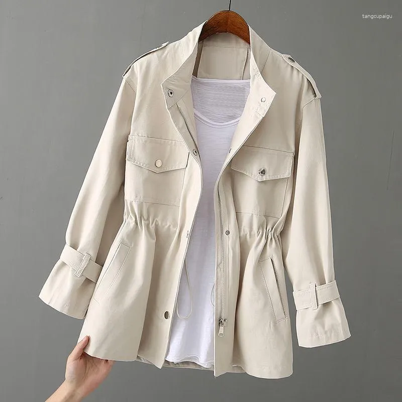 Trench-coat pour femmes, manteau d'automne coréen, col montant, court, ample, coupe-vent, vêtements d'extérieur avec doublure, Q47, 2023