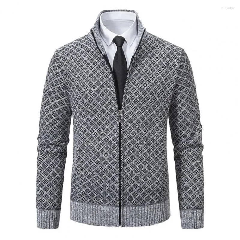 Men's Sweaters Zipper Opening Sweater Geometric Pattern Stylish Knitted Cardigan Warm Soft Fashionable Coat For Fall