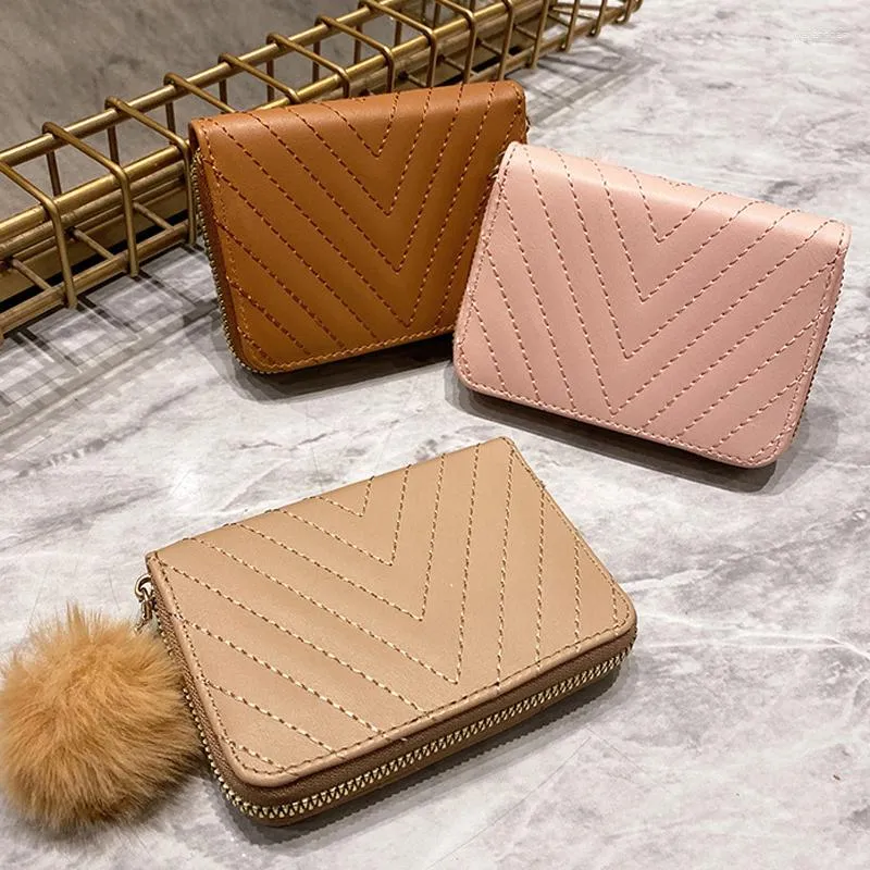 Wallets Women Short Wallet PU Leather Large Capacity Ladies Coin Purse Cards Holder Money Bag Solid Wool Ball Bow Clutch