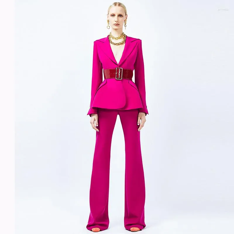 Women's Two Piece Pants Spring 2023 Fashion One Button Belt Suit Slightly Puller Set