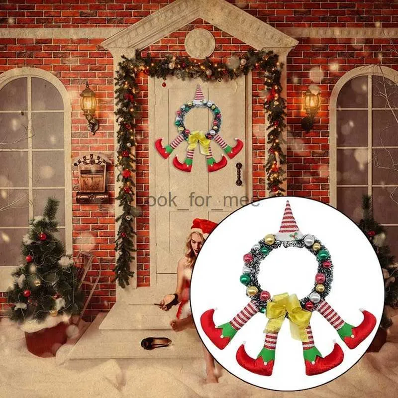 Christmas Decorations Christmas Striped Clown Elf Legs Wreath Front Door Decor Hanging Wreath With Hat Bow Christmas Hanging Garland Decor HKD230921