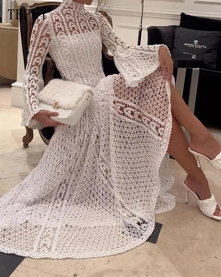 Casual Elegance: Hollow Out Turtleneck Long Sleeve Solid White Dress For Women B1 Casual Elegance: Hollow Out Turtleneck Long Sleeve Solid White Dress For Women B1