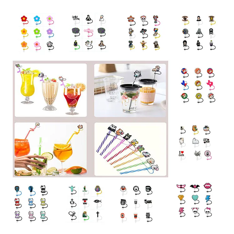 9pcs/set drinkingストロートッパーを覆うかわいい漫画再利用可能なダストプルーフシールストローキャップチャーム装飾ギフト