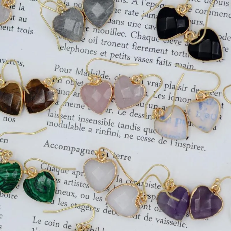 Boucles d'oreilles pendantes en cristal naturel pour femmes, amoureux, petit cœur, pendule, améthystes, opale rose, cadeau de mariage et de noël