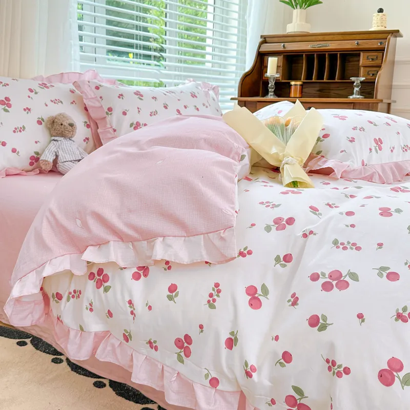 Conjuntos de cama Kawaii Princesa Pure Cotton Set Full Size Lovely Ruffles Single Doubel Duvet Cover Meninas Mulher Conjuntos Aconchegantes 230921