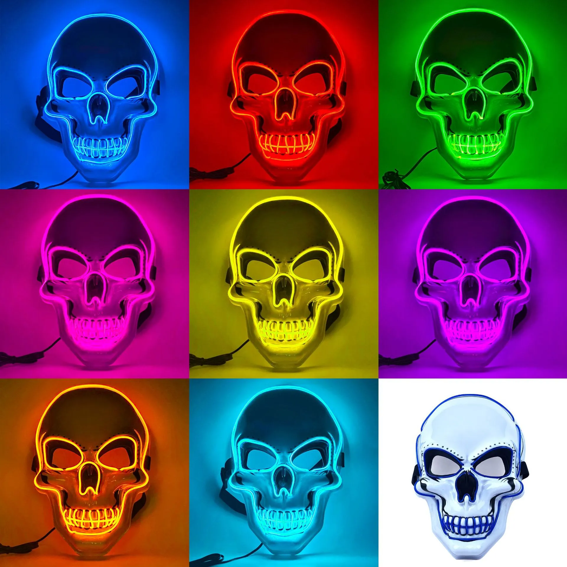 Masque d'Halloween à lumière LED, masques de crâne effrayants, masque de Cosplay brillant à fil EL pour fournitures de fête d'Halloween