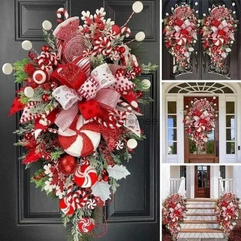Kerstversiering Kerstkrans Garland Candy Cane Bow Ornament Xmas Voordeur Hangende Muur Home Decor HKD230921