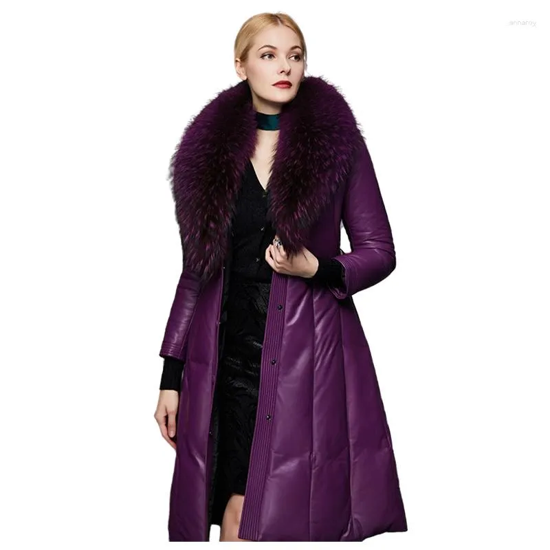 Skórzany luksusowy płaszcz o średniej długości owczej skóry elegancka dama zagęszczona kurtka Kobiet Big Raccoon Futro kołnierz oryginalny