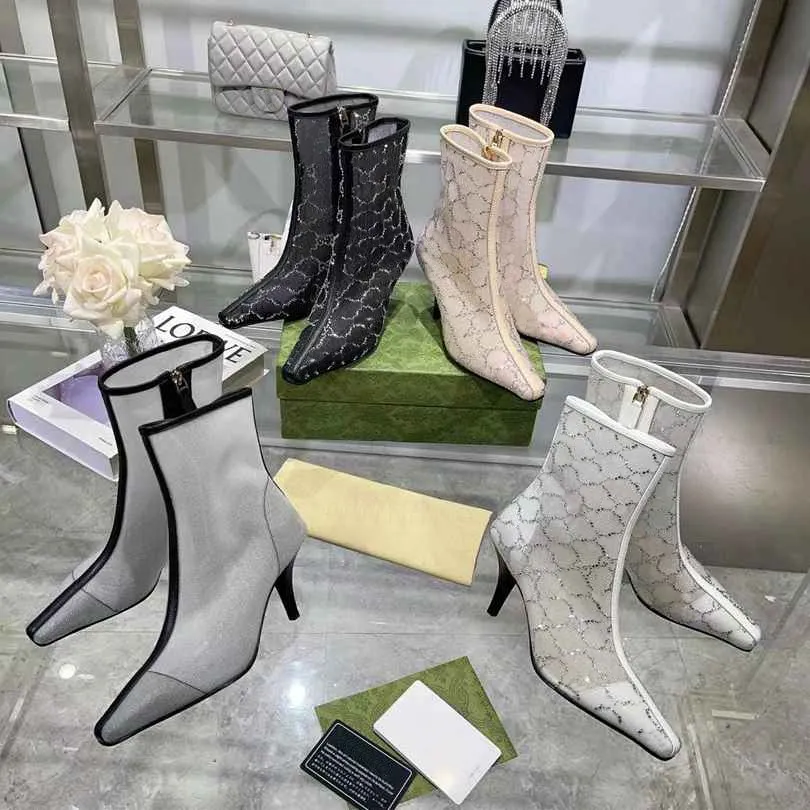 Designer stövlar pekade tå klackade häl stövlar mode sexig kristall mesh boot zip alfabetiska kvinnor skor dam bokstav tjocka hög klackar stor storlek 35-39