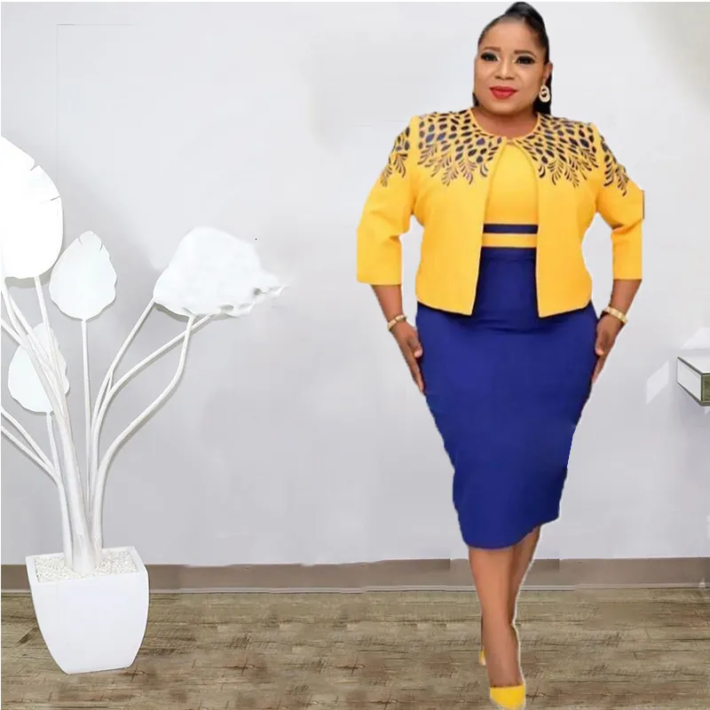 Plus size Dresses Size African Mom's Round Print 34 Sleeve Top Paired with Mid length Skirt Fashion Two Piece Set 230920