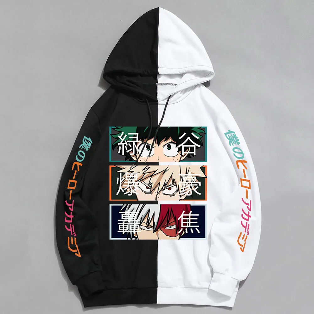 Herrtröjor tröjor anime min hjälte akademi hoodies cool så Todoroki Bakugou Deku Pullover Hooded Sweatshirt Patchwork Men's Long Sleeve Tops 230920