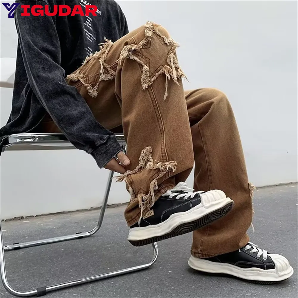 Men s Jeans Fashion Stars Towel Embroidery Brown Baggy Men Pants Y2K Clothes Straight Hip Hop Cotton Trousers Pantalon Homme 230921