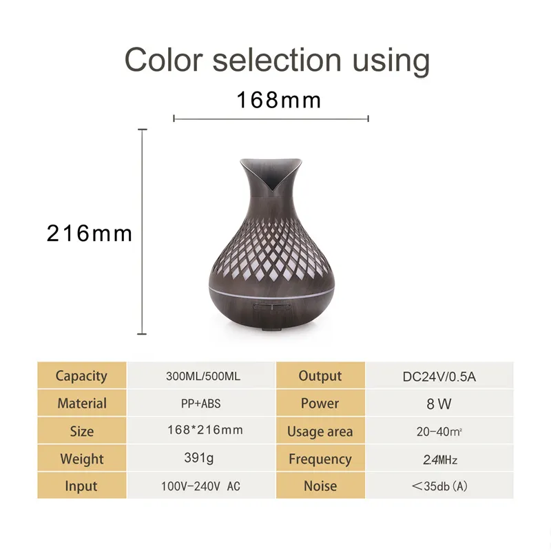 500ml Aroma Essential Oil Diffuser Ultrasonic Air Humidifier Purifier Wood Grain shape Changing LED Lights for Office Home