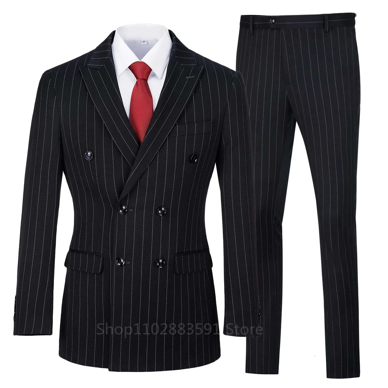 Men s Suits Blazers Slim Fit 3 Piece Double Breasted Black Pinstripe Tuxedo Suit Set for Wedding Prom 230921