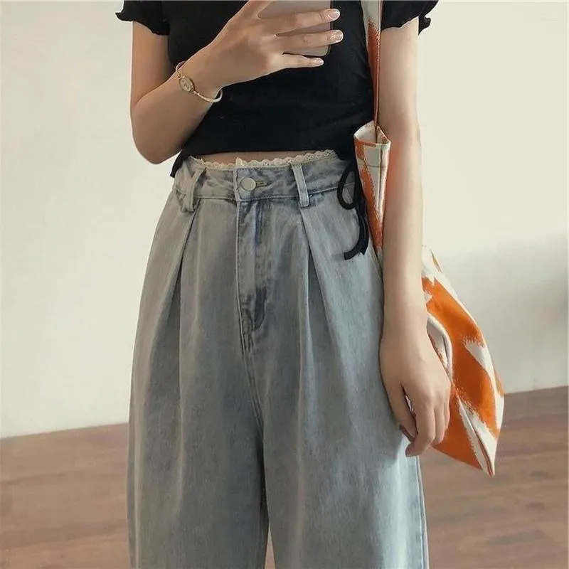 Women's Jeans 2023 Women Vintage Female Wide Leg Trousers Lace Pleated Clothes Casual Loose Denim Pant High Waist Fashion Korean J