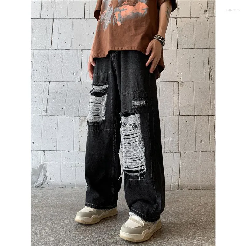 Jeans masculinos americano vintage angustiado verão lavado e desgastado solto encaixe perna larga tubo reto mop na moda alta stree