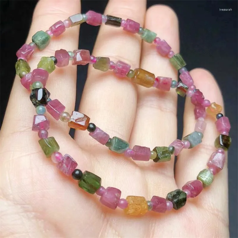 Link Bracelets Natural Tourmaline Cube Bracelet String Charms Handmade Crystal Jewelry Stretch Fashion Bangle Children Birthday Gift 1PCS