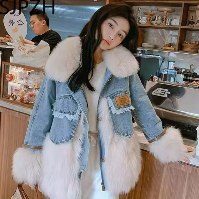 Womens Fur Faux Fur Women Cotton Coat Winter Jacket Female Fur Denim Stitching Parkas Thicken Thin Outwear Big Fur Collar Overcoat 230920