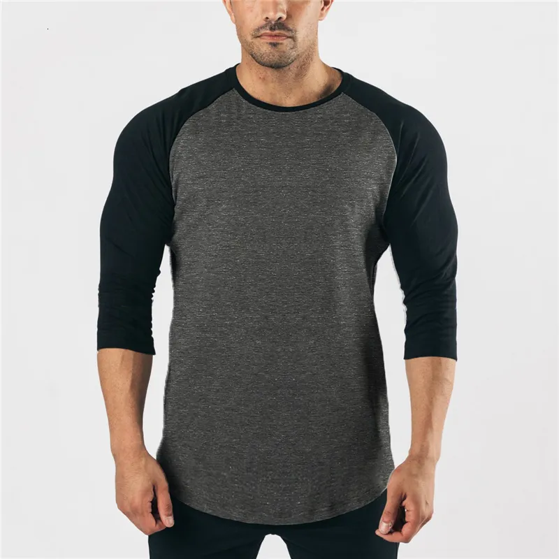 Herren T-Shirts Mode Dreiviertelärmel T-Shirt Männer Herbst Frühling Baumwolle Patchwork Silm Fit Gym Kleidung Fitness T-Shirt Sport T-Shirt 230921