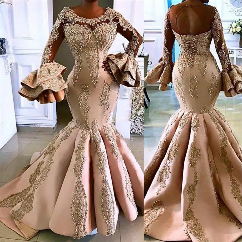 2021 Arabic Aso Ebi Champagne Luxurious Mermaid Prom Dresses Lace Crystal Beaded Evening Dress Long Sleeves Formal Party Second Re223B