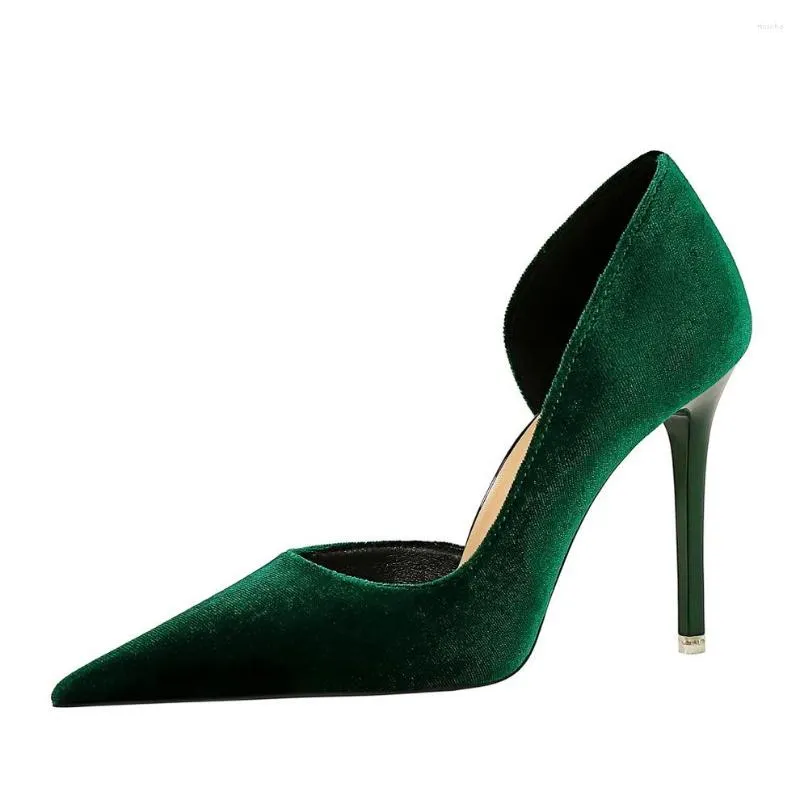 Robe chaussures 34-43 mode banquet talons hauts stiletto pointu côté creux vert pour femmes pompes noir