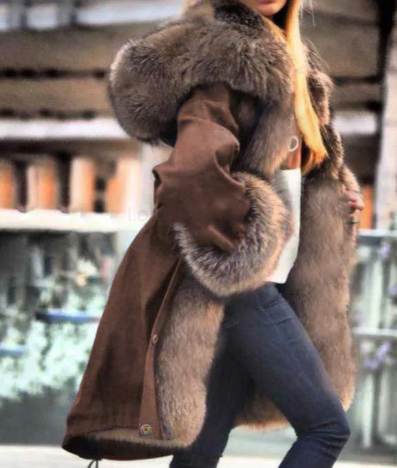 Veste d hiver a capuche en fausse fourrure chaude pour femmes Brune rouge bleu noir veste poilue epaisse lache pour usure quotidienne