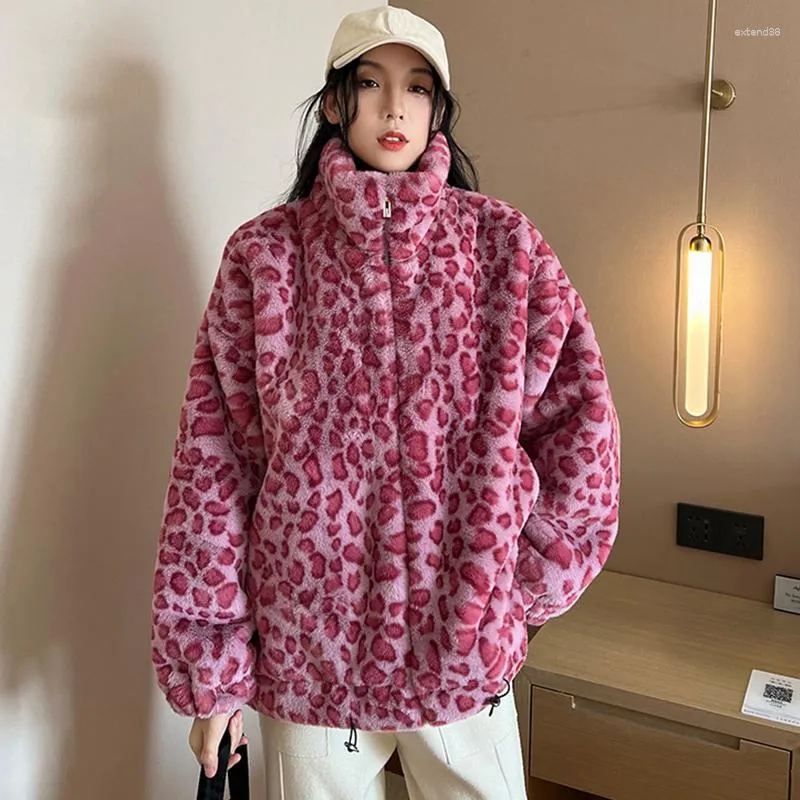 Pele feminina inverno oversized colorido leopardo impressão falso casaco feminino manga longa zip up quente macio macio jaqueta coreano moda outerwears