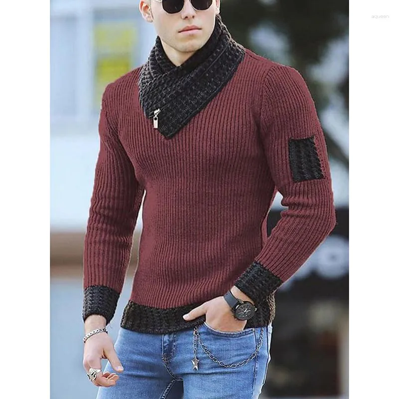 Männer Pullover Frühling Stilvolle Große Pullover Pullover Langarm Mode Schal Hoher Kragen Hübsche Patchwork Kleidung Mann