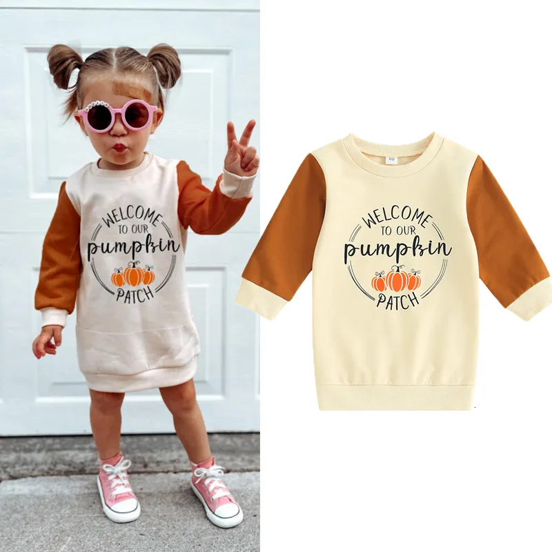 Taufkleider FOCUSNORM 0 4Y Kleinkind Kinder Mädchen Herbst Sweatshirt Farbe Patchwork Langarm Kürbis Print Pullover Gerades Kleid 230920