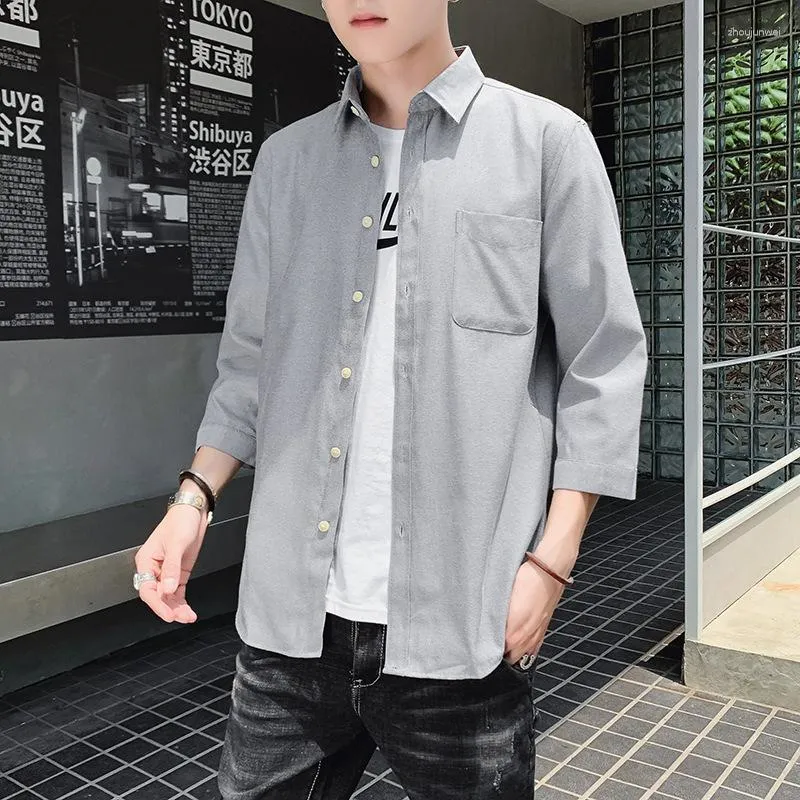 Men's Casual Shirts Autumn Mens Korean Fashion Loose Handsome 3/4 Sleeve Shirt Trendy Clothing Plus Size 5XL