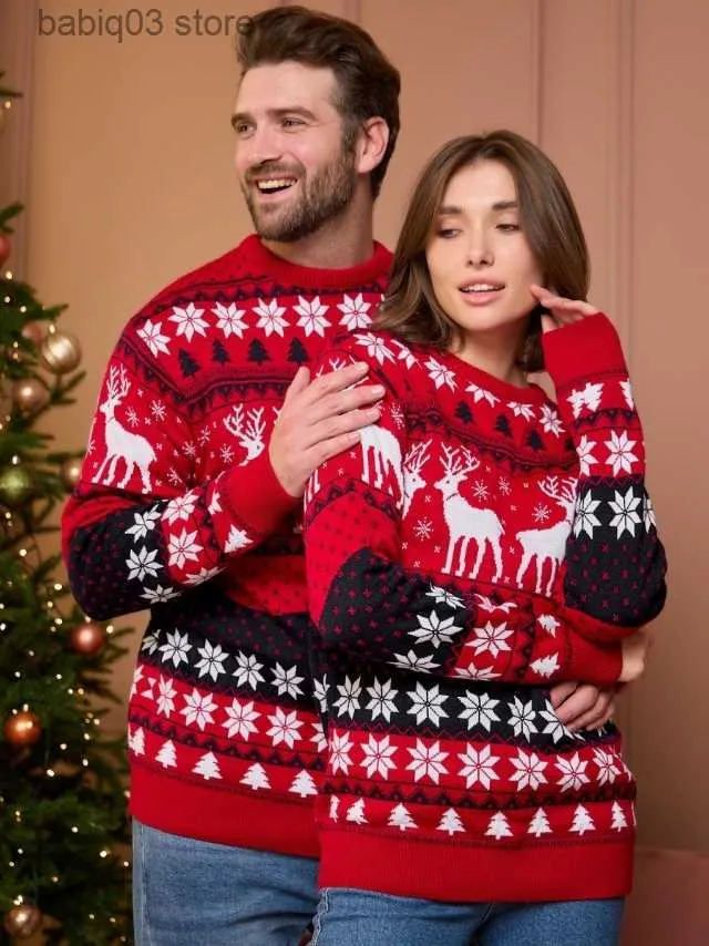 Aile Eşleşen Kıyafetler 2023 Kış Noel Erkekleri Kadın Unisex Sweaters Sıradan Gevşek Triko Sıcak Kalın Çiftler Eşleşen Kıyafetler Kazak Üst Jumpers T230921