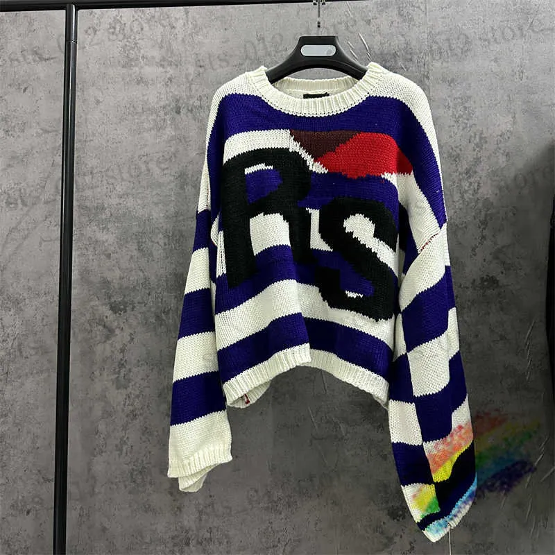 Men's Sweaters Blue Stripe RAF SIMONS RS Sweater For Men Women Top Version Oversize Bat Shirt Knit Sweatshirts