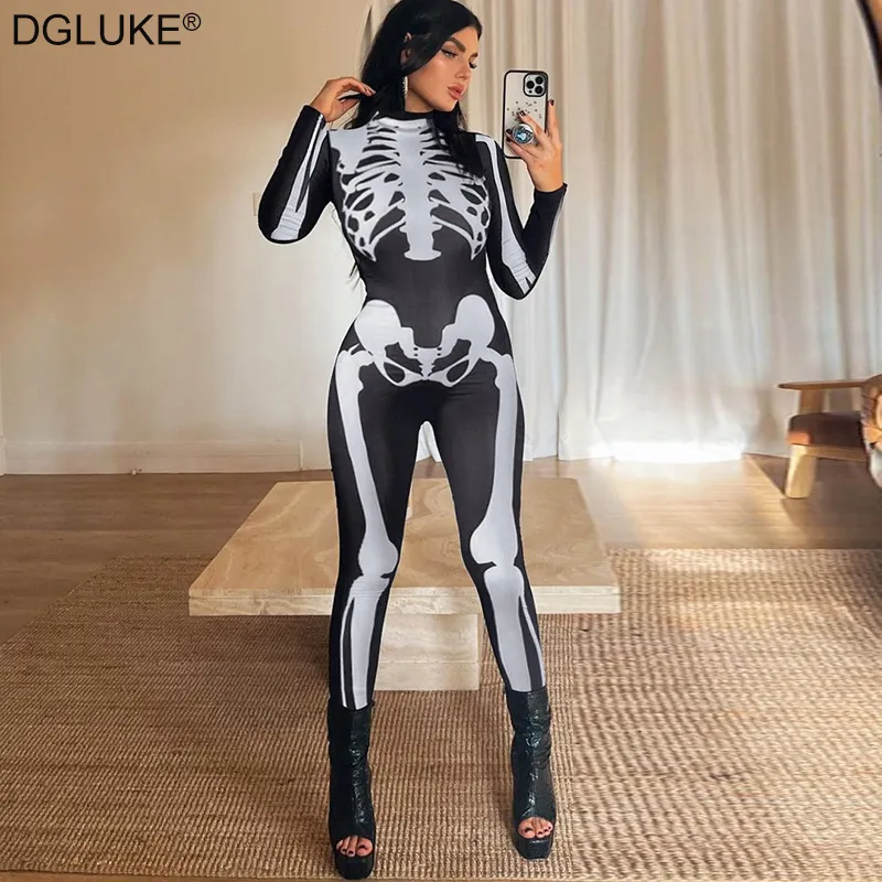 Damen Overalls Rompers Skeleton Print Jumpsuit Rudleneck Long Sleeve Black Bodysuit Sexy Ganzkörper Halloween Kostüm für Frauen 230921