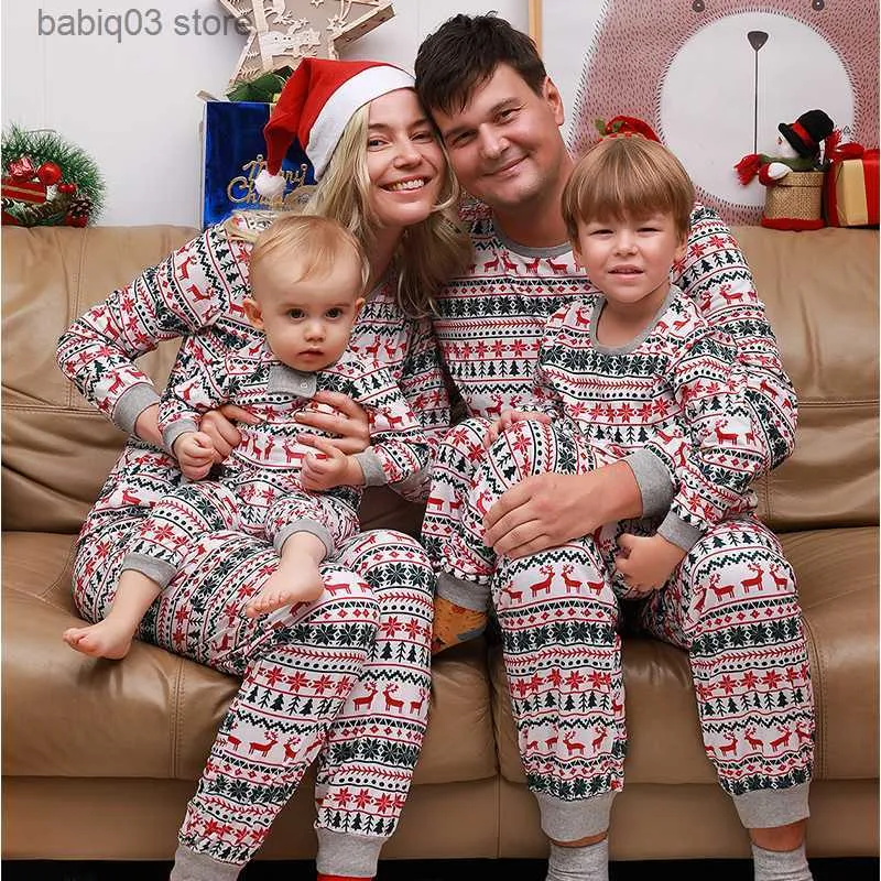 Family Matching Outfits 2023 Christmas Moose Family Matching Pajamas Set New Year's Clothes Adults Kids Sleepwear Baby Rompers Soft Loose Xmas Outfits T240112