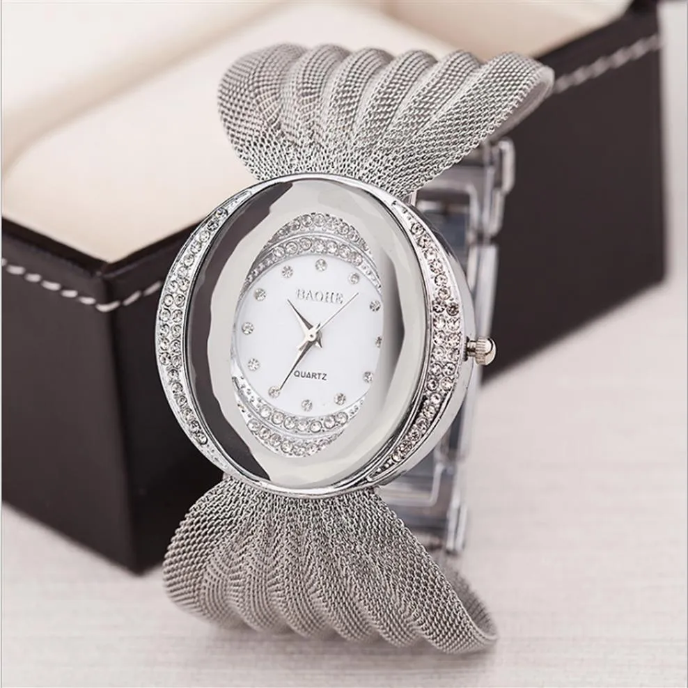 BAOHE Brand Arrival Luxurious Ladies Wristwatch Eliptical Dial Wide Silver Mesh Bracelet Watch Womens Fashion Watches Quartz Wrist211e