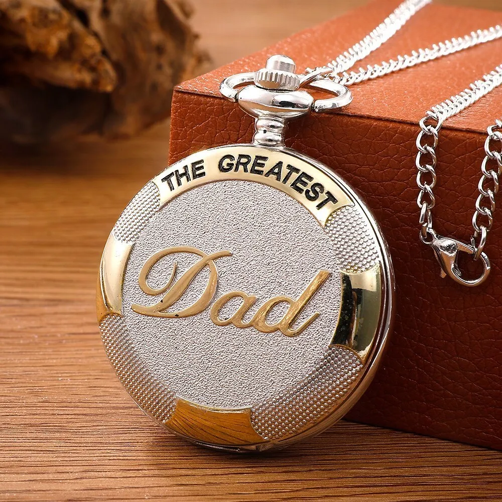 Pocket Watches Vintage Silver Golden Luxury THE GREATEST DAD Quartz Watch Fob Chain Necklace Mens Fathers Gifts Clock Relogio De Bolso 230921