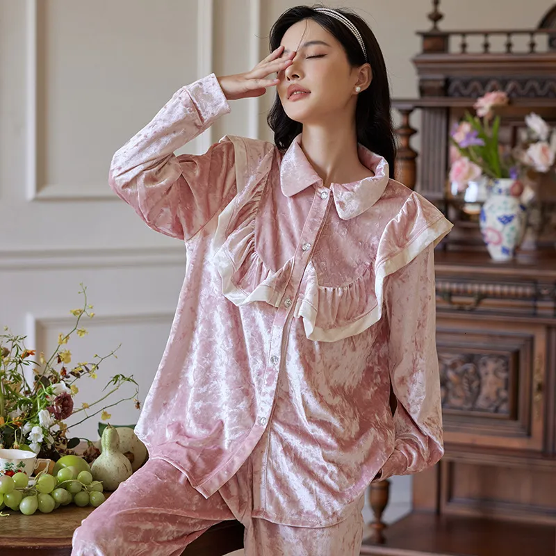Kadın Slaix Velor 2pcs Pijama Set Kadın Çamaşırı Uzun Kollu Pantolon PJS Uyku Takım Nightwear Sonbahar Kış Ev Giysileri 230921