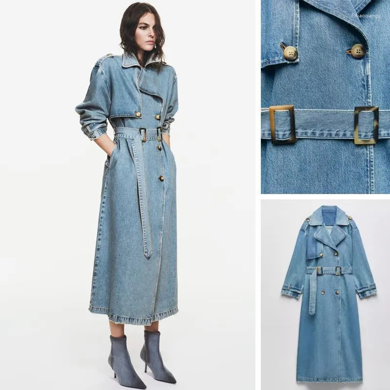 Damen-Trenchcoats, lockerer, zweireihiger Denim-Mantel mit Gürtel