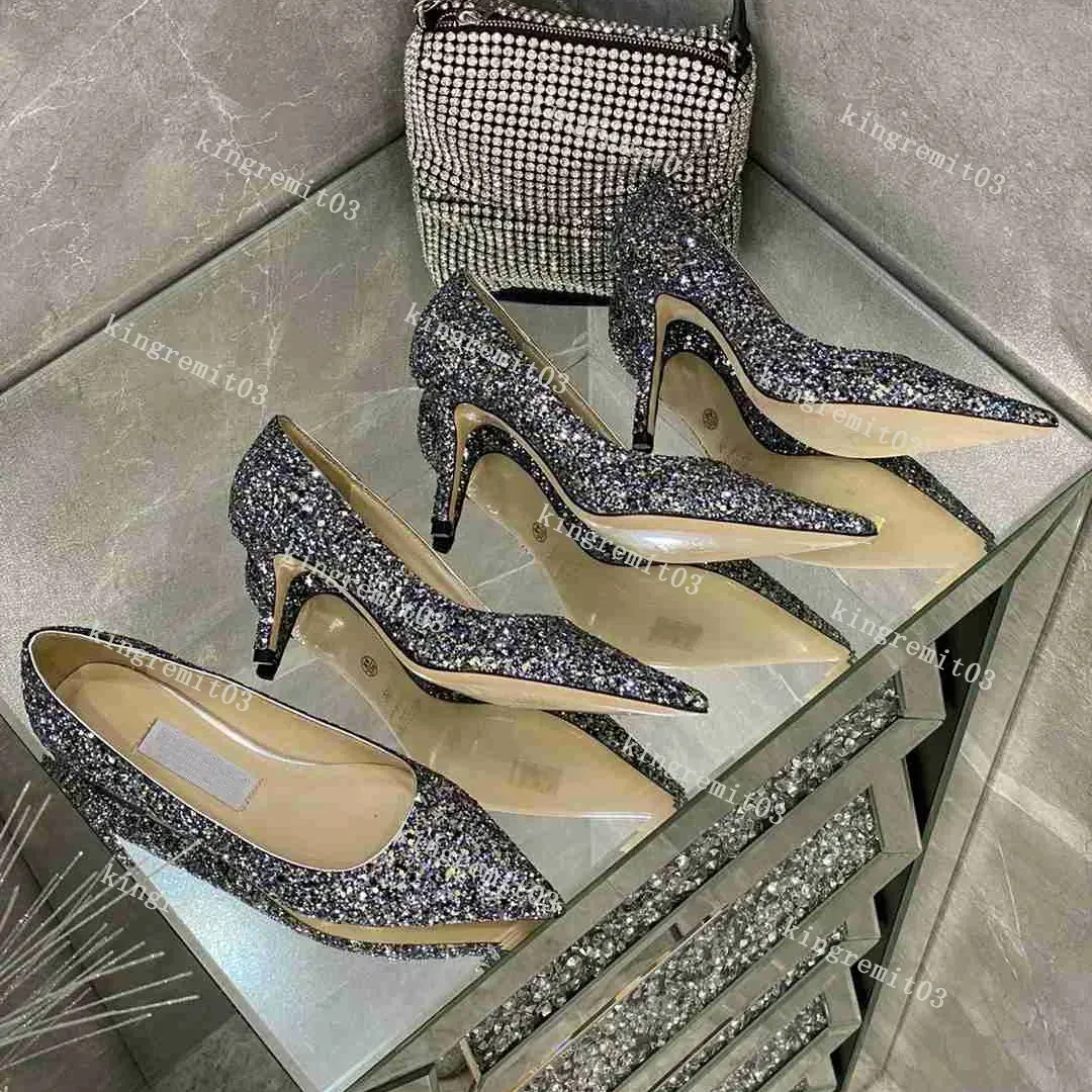 Designer Dress Shoes Women High Heels Shoe Champagne Emolten Glitter Fabric Pointed Toe Pumps Banquet Fashion Stiletto Heels Sequins Sandal With Box