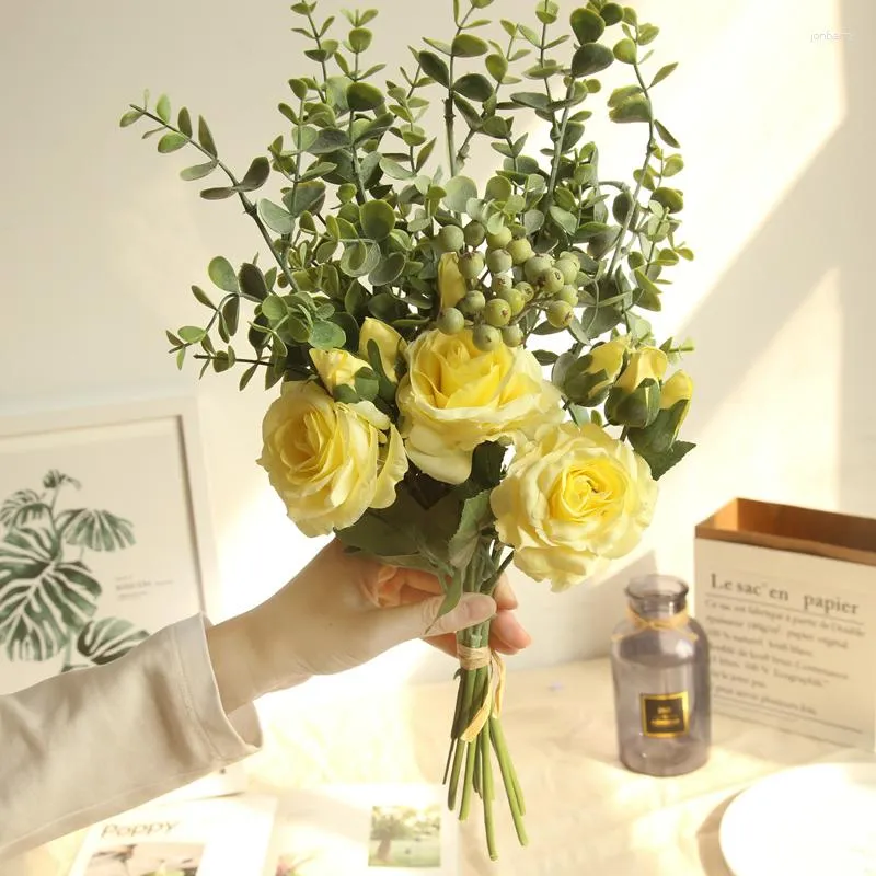 Kwiaty dekoracyjne ślub boquet róża eukaliptus imitacja producent domowy uchwyt na ścianę sztuczny kwiat