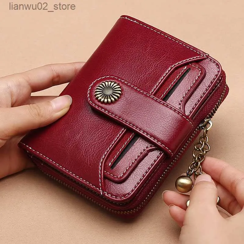 Money Clips Genuine Leather Wallet Women Short Zipper Cowhide Wallets with Chain Cute Small Coin Purse Money Bag Wallet for Women Q230921