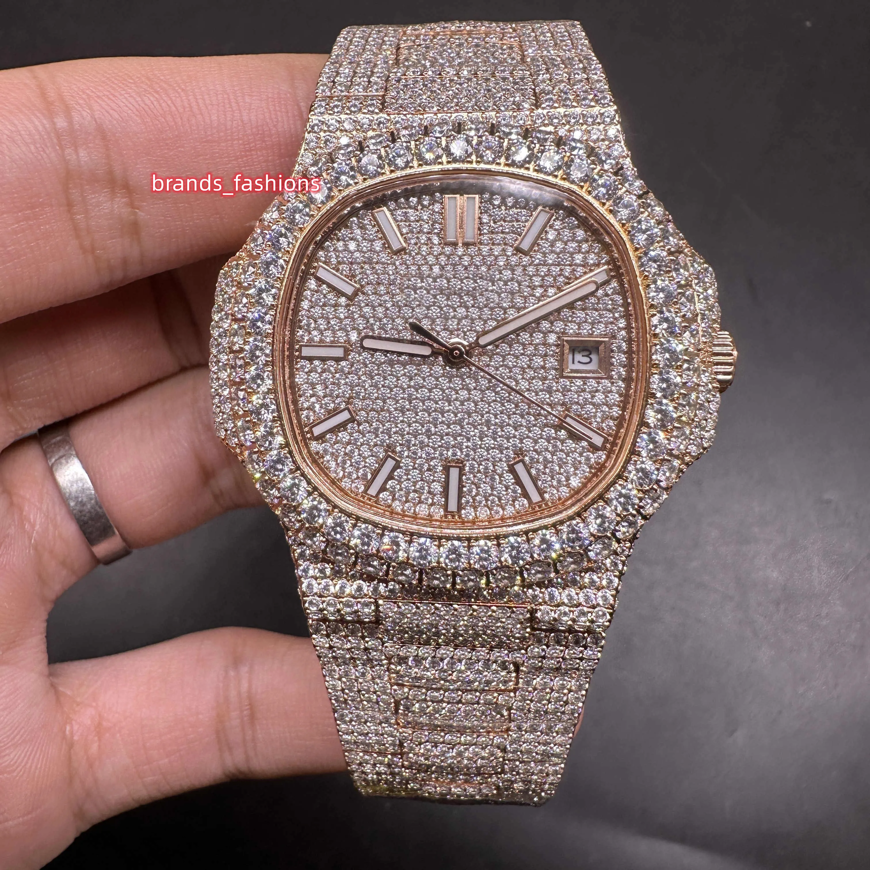 Popular Men's Iced Diamonds Watches Big Diamond Bezel Watch Rose Gold Diamond Face Full Diamond Strap Automatic Mechanical Wristwatch