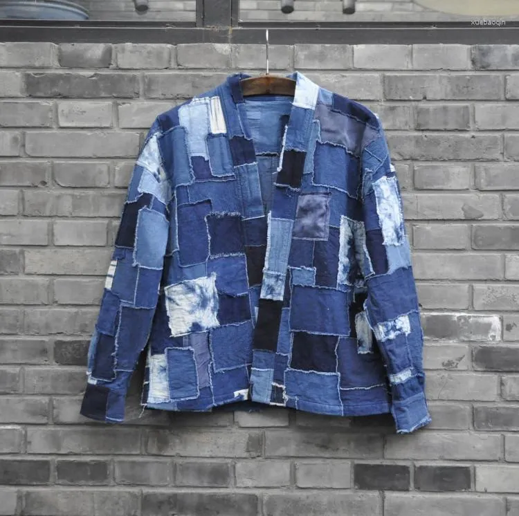 남성용 재킷 전통적인 수제 블루 염색 패치 워크 일본 로브 공장 인디고 주목 빈티지 트렌디 한 재킷 코트