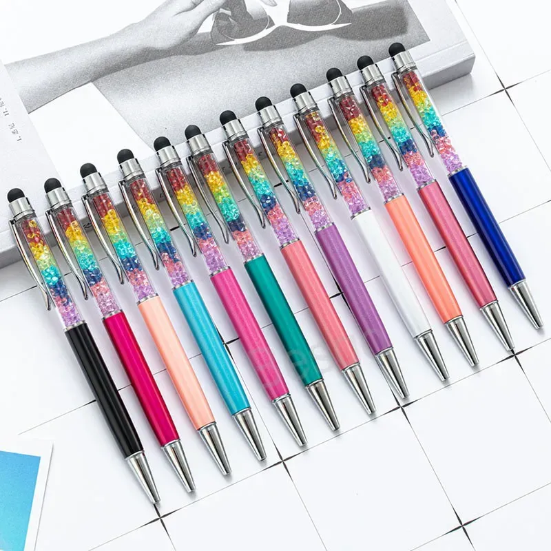 Partihandel Crystal Metal Ballpoint Pen Rainbow Student Writing Ballpoints Mobiltelefon Touch Pen Diamond Present Pennor School Office21 LL