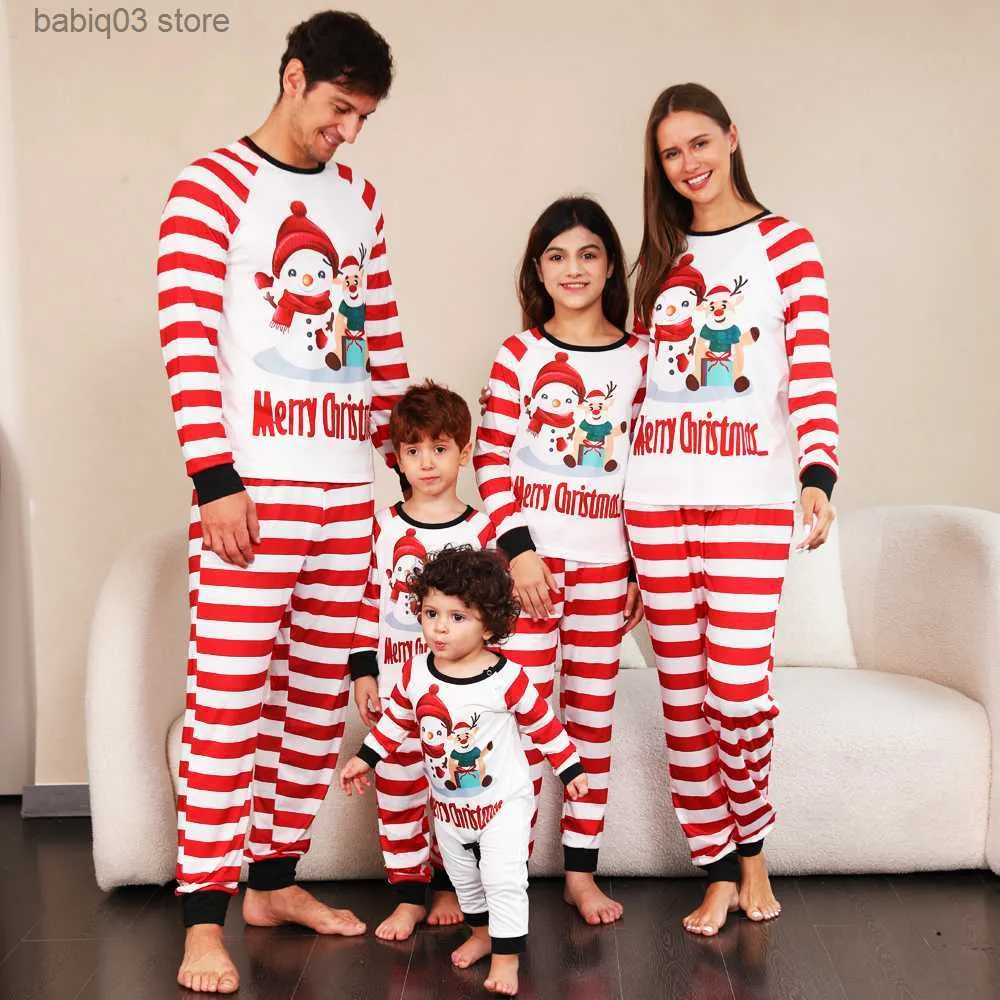 Family Matching Outfits Merry Christmas Family Pajamas Set 2023 Winter Striped Print Parent-child Matching Clothes Cute Soft Sleepwear Xmas Family Look T230921